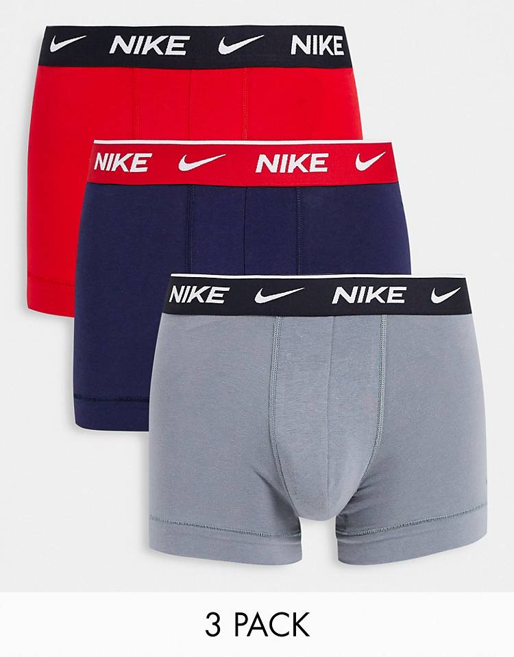 Nike Everyday Cotton Stretch trunks 3 pack in red/navy/gray